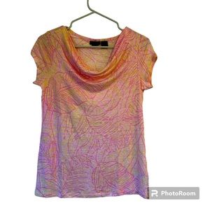 Tahari 100% Linen Sleeveless Draped Collar Floral Shirt, Small‎